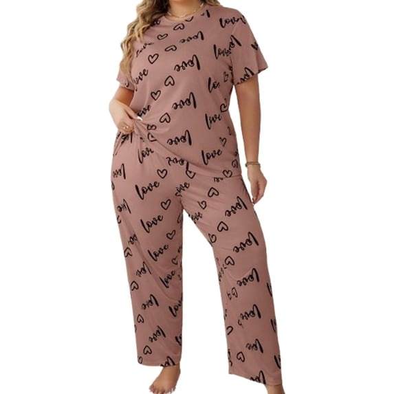 Womens Plus Size Pajama Soft Silky Print Set Short Sleeve Sleepwear 2 Piece Lightweight Loungewear for Home