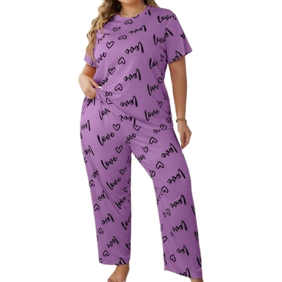 Womens Plus Size Pajama Soft Silky Print Set Short Sleeve Sleepwear 2 Piece Lightweight Loungewear for Home