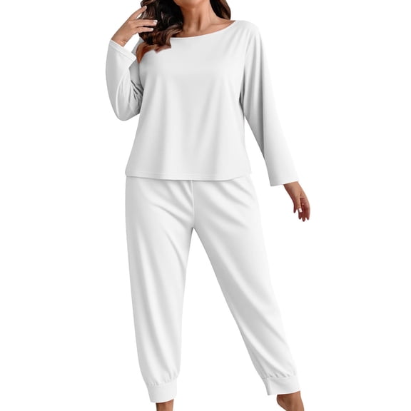 Womens Plus Size Pajamas Set 2 Piece Long Sleeve Sleepwear Top Pants Super Soft Sets, Comfortable and Roomy Loungewear for Full-Figured Women,White,XL