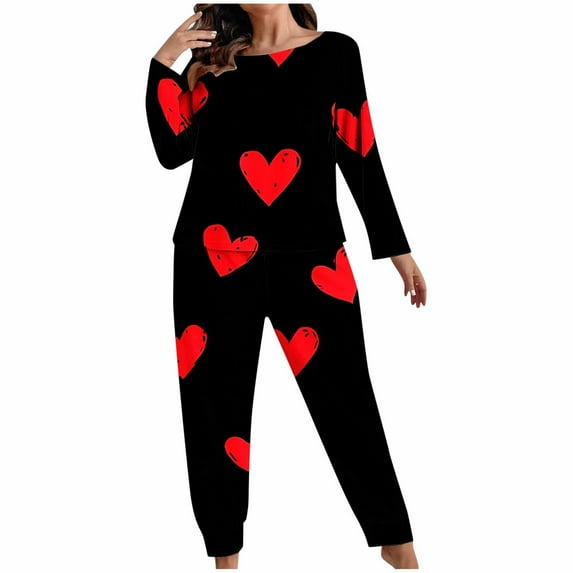 Womens Plus Size Pajamas Set Valentine's Day Heart Printed Pajama 2 Piece Long Sleeve Sleepwear Top Pants Warm Soft Graphic Lounge Sets Pjs Funny Holiday Outfits Lover Gift for Wife Black XXXL