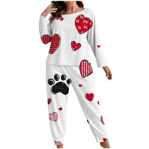Womens Plus Size Pajamas Set Valentine's Day Heart Printed Pajama 2 Piece Long Sleeve Sleepwear Top Pants Warm Soft Graphic Lounge Sets Pjs Funny Holiday Outfits Lover Gift for Wife White XXXXXL
