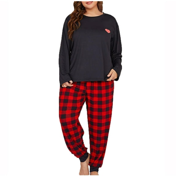 Womens Plus Size Pajamas Sets Long Sleeve Heart Print Pullover Tops Loose Cinch Bottom Plaid Pajamas Pants Loungewear