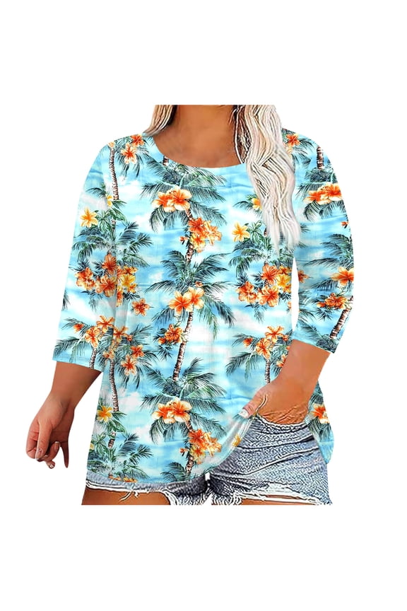 Womens Plus Size Palm Tree Print Tshirts Trendy Tropical 3/4 Sleeve Round Neck Tunic Tops Summer Casual Relax Fit Softy Comfy Blouse