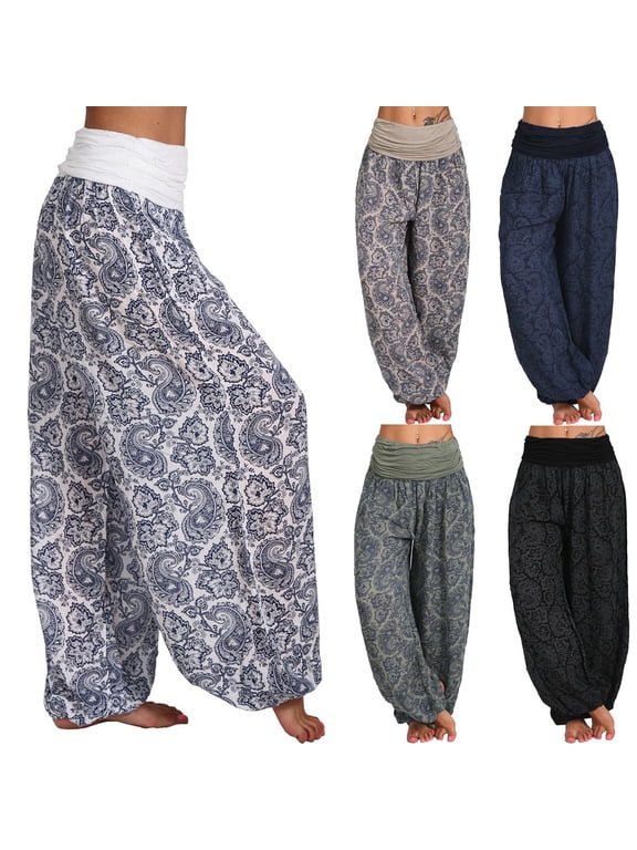 Womens Plus Size Pants Boho Casual Pants Women Button Harem Loose Leg Pants Pocket Wide Print Womens Casual Pants Navy XXXL