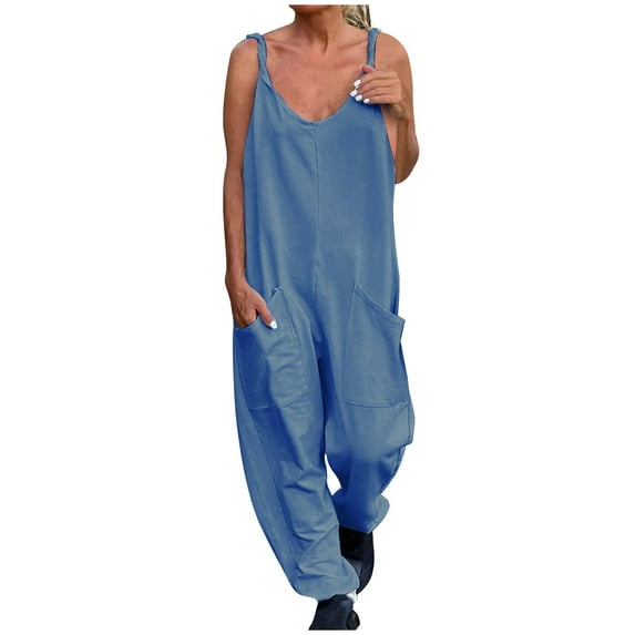 Womens Plus Size Pants Summer Pants For Women Women's Summer Fashion Solid Color Jumpsuit With Pockets And Straps Casual Pants