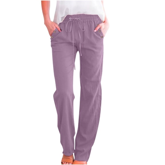 Womens Plus Size Pants Cotton Linen Relaxed Fit Pants Soft Elastic Waist Pull-On Trousers with Button Pockets