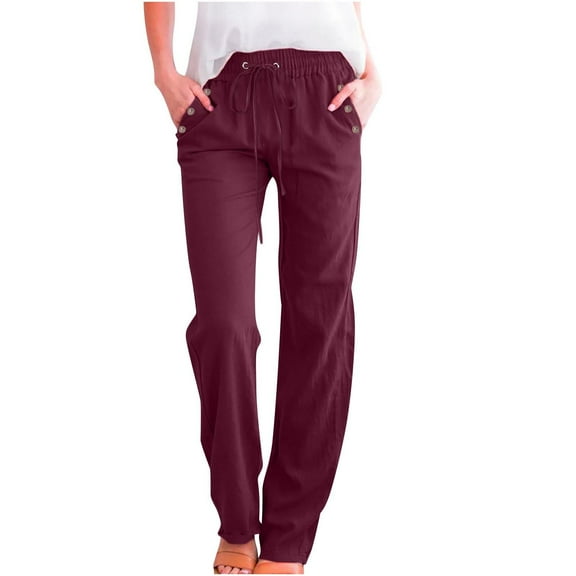 Womens Plus Size Pants Cotton Linen Relaxed Fit Pants Soft Elastic Waist Pull-On Trousers with Button Pockets