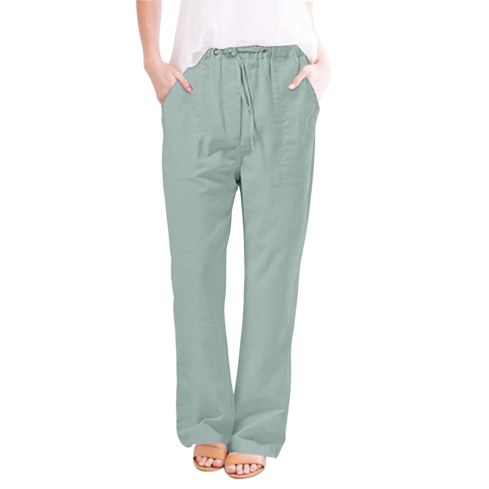 Womens Plus Size Pants Drawstring Straight Leg Cotton Linen Lightweight Pants for Women Summer Slacks Trousers 3X Large Mint Green