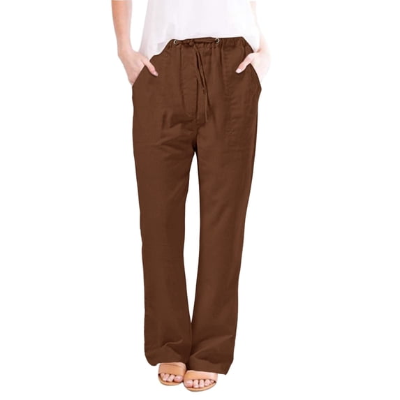 Womens Plus Size Pants Drawstring Straight Leg Cotton Linen Lightweight Pants for Women Summer Slacks Trousers (Large, Brown)