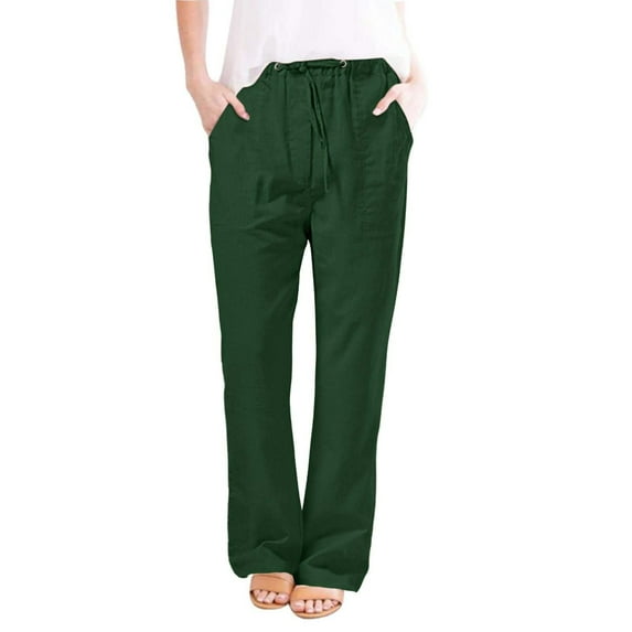 Womens Plus Size Pants Drawstring Straight Leg Cotton Linen Lightweight Pants for Women Summer Slacks Trousers (XX-Large, Green)