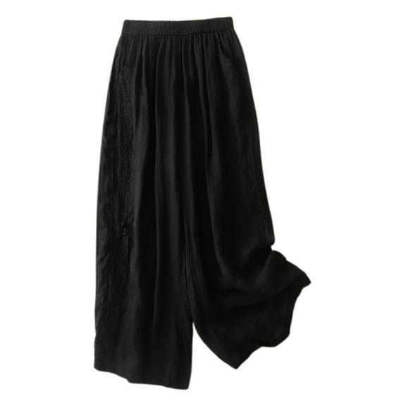 Womens Plus Size Pants Embroidered VintageLoose Soft Casual Trousers Elegant Breathable Lightweight Pant Black XXL