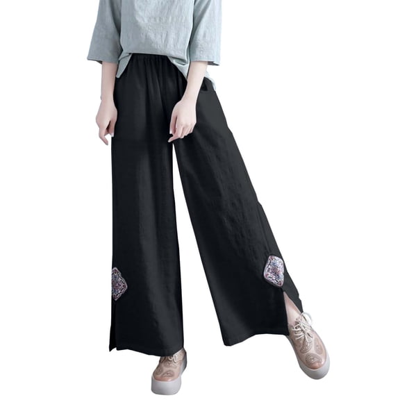 Womens Plus Size Pants Floral Embroidered Breathable Linen Pants Wide Leg Elastic Waist Spring Summer Trousers Loose Black M
