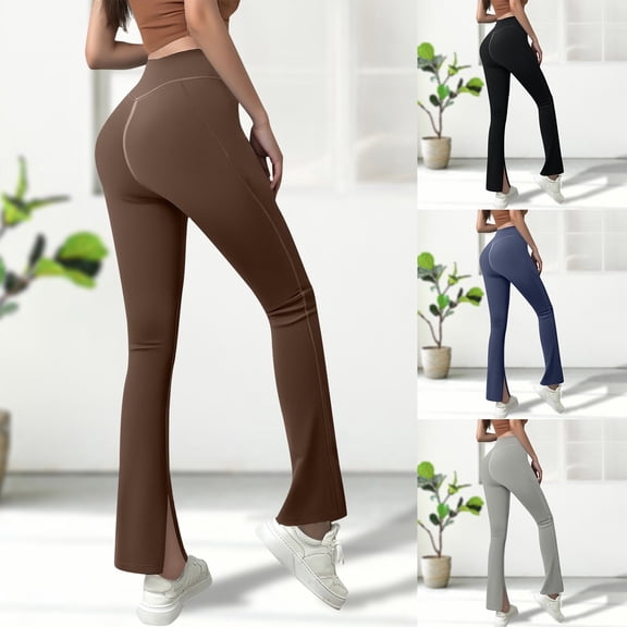 Womens Plus Size Pants High Waist Flare Leg Yoga Pant with Side Slit Lift Design Casual Leggings for Women Blue M