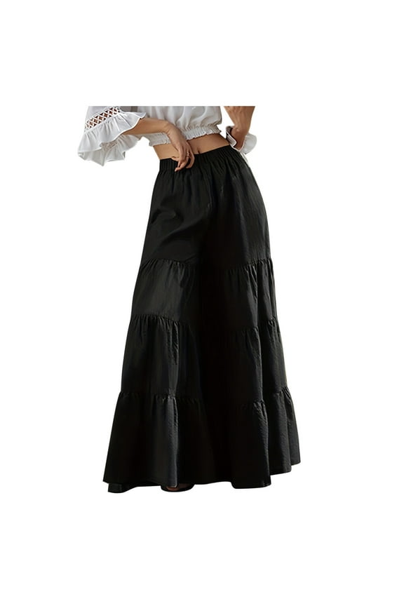 Womens Plus Size Pants Ladies Tiered Ruffle Hem Wide Leg Elastic Waist Flowy Palazzo Boho Trousers Pants Women Black XXXXXL