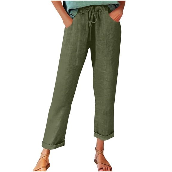 Womens Plus Size Pants Linen Capris for Women, Casual Loose Drawstring Elastic Waist Cropped Trousers, New Summer Beach Wide Leg Ankle Length Pants with Pockets Green M