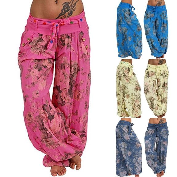Womens Plus Size Pants Plus Size Pants Women Pocket Pants Loose Printed Wide Leg Womens Casual Pants Blue L