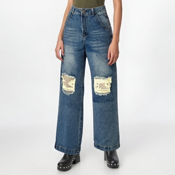 Womens Plus Size Pants Ripped Straight Leg Denim Jeans with Washed Finish Loose Casual Spring Fall Streetwear Blue M