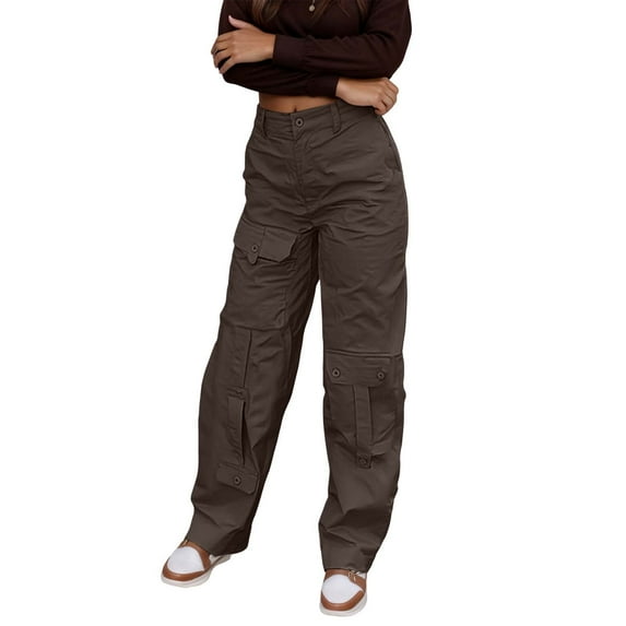 Womens Plus Size Pants Solid Color Casual Trousers Multi Pocket Loose Drawstring Cargo Pant Breathable Lightweight Coffee S