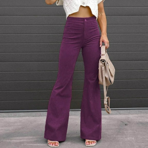 Womens Plus Size Pants Solid Color Corduroy Trousers Loose Elegant Flare Leg High Waist Casual Pants for Women Purple XXL