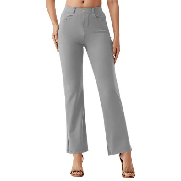 Womens Plus Size Pants Solid Color Elastic Waist Straight Leg Trousers for Work Office Casual Wear Lightweight Breathable Grey XL