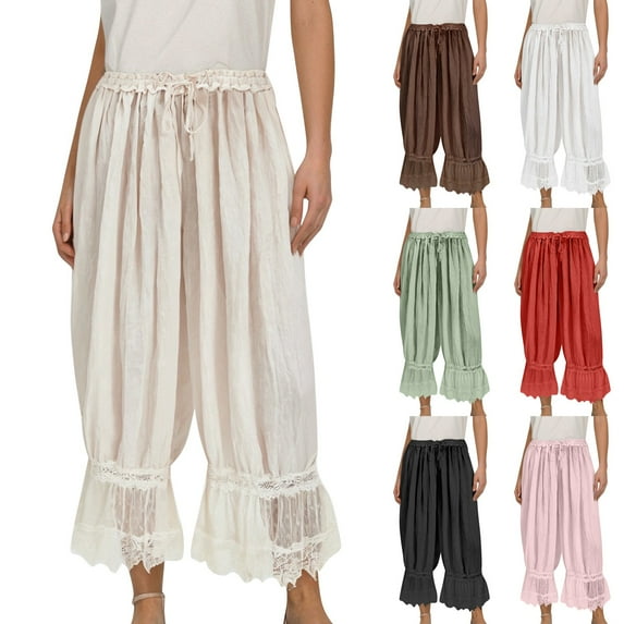 Womens Plus Size Pants Solid Color Vintage Bloomer Pajama Pants With Drawstring Waist And Billowy Legs Women's Casual Pants Capris Beige L