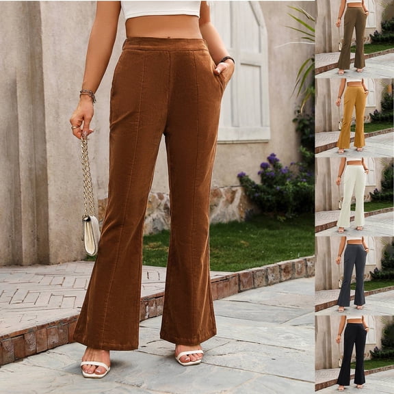 Womens Plus Size Pants Stylish Corduroy Wide Leg Slimming Flare Pant Loose Casual Solid Trousers for Women Gold M