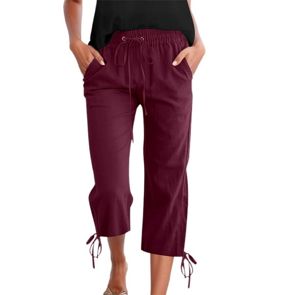Womens Plus Size Pants Thin Drawstring Cropped Linen Pants High Waist Solid Spring Summer Capri Trousers Relaxed Fit XXXXXL