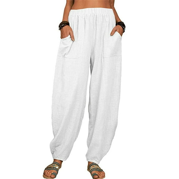 Womens Plus Size Pants Thin Elastic Linen Pants Lightweight Straight Leg Solid Spring Summer Trousers Loose White M