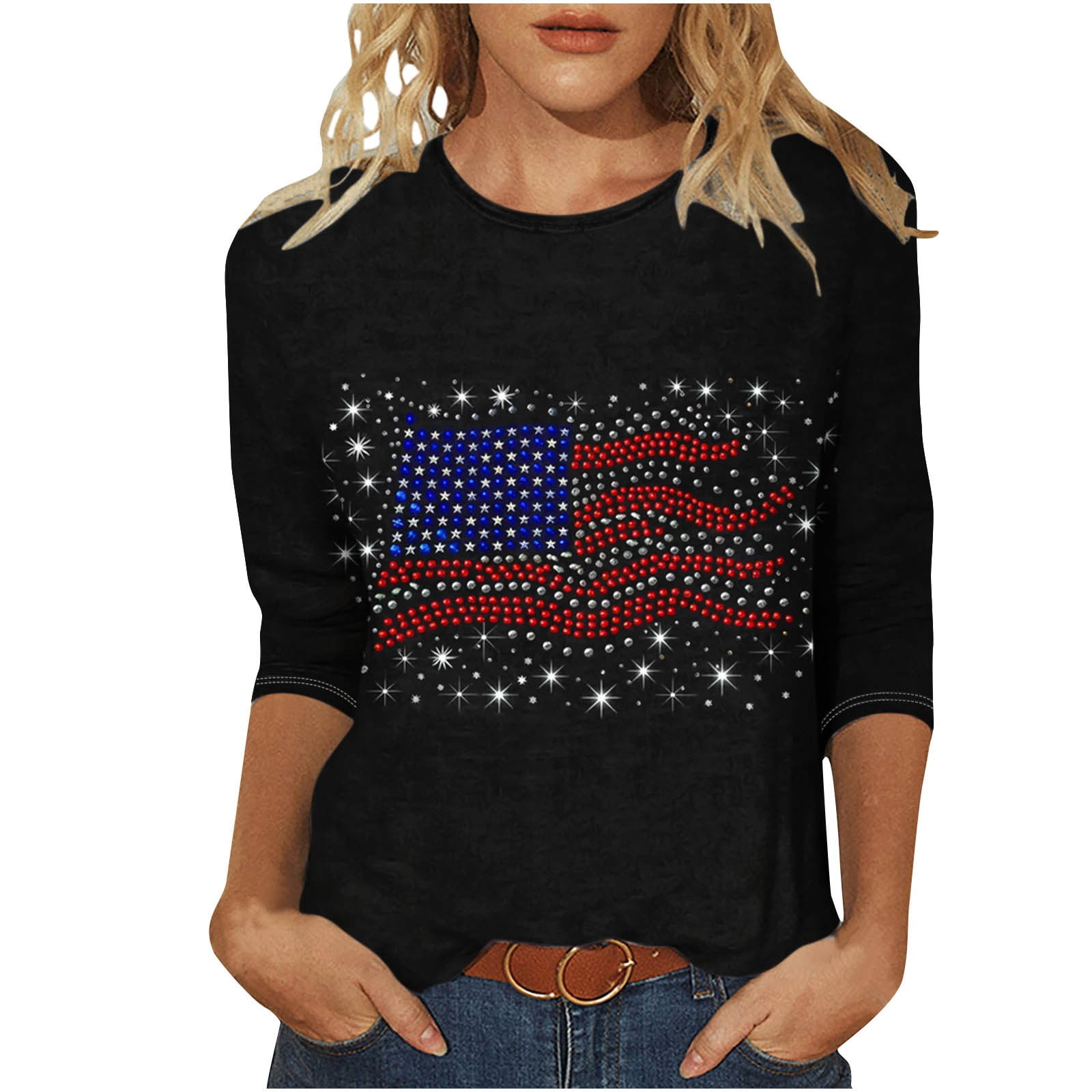Sivlana Women's USA Flag Blessed Sweatshirt - Patriotic Striped Pullover, Blue, Sizes S-3XL - View #3