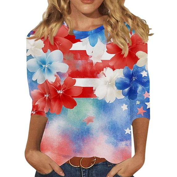 Womens Plus Size Patriotic Tshirts Crewneck American Flag 3/4 Sleeve Graphic Tees Funny July 4th Summer Tops Sky Blue, S