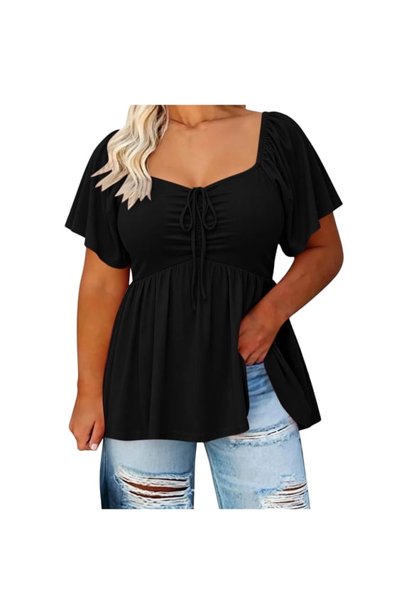 Womens Plus Size Peplum Tops off the Shoulder Blouses Smocked Ruffle Babydoll Summer Tops Black