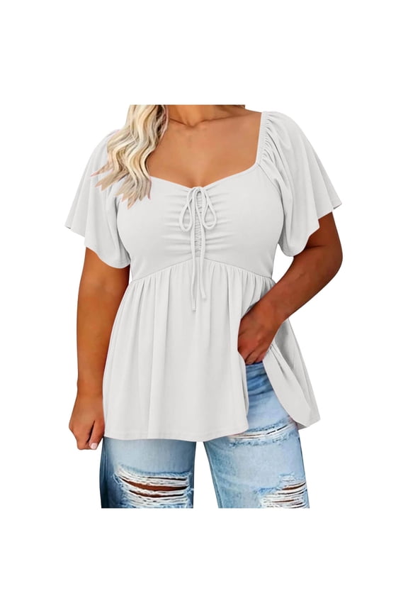 Womens Plus Size Peplum Tops off the Shoulder Blouses Smocked Ruffle Babydoll Summer Tops White
