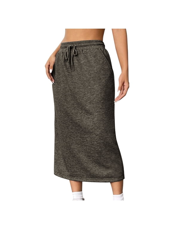 Womens Plus Size Petite Sport Knit Side-Slit Skirt Cotton Skirts Trendy Elastic Waist Drawstring Long Skirts with Slit 2025 Summer