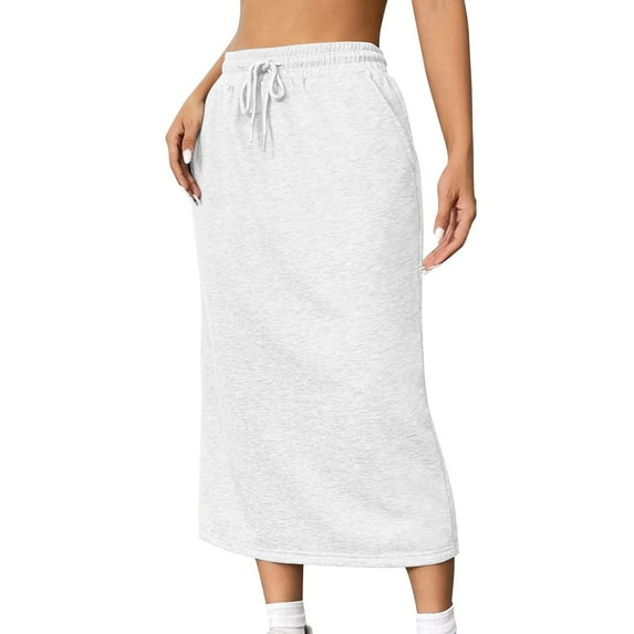 Womens Plus Size Petite Sport Knit Side-Slit Skirt Cotton Skirts Trendy Elastic Waist Drawstring Long Skirts with Slit 2025 Summer