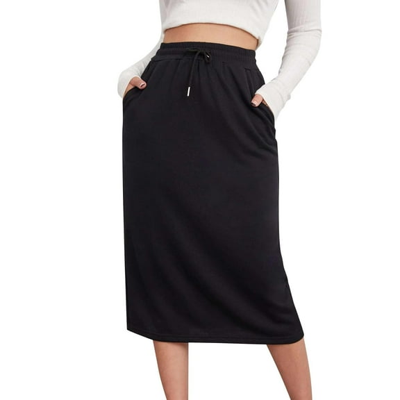 Womens Plus Size Petite Sport Knit Side-Slit Skirt Cotton Skirts Trendy Elastic Waist Drawstring Long Skirts with Slit