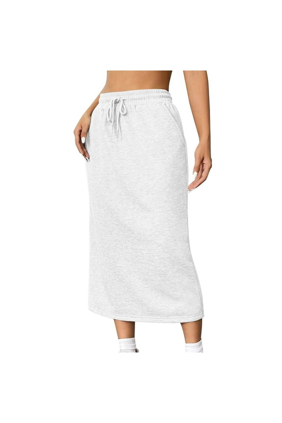 Womens Plus Size Petite Sport Knit Side-Slit Skirt Cotton Skirts Trendy Elastic Waist Drawstring Long Skirts with Slit
