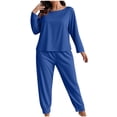 thumbnail image 1 of Womens Plus Size Pj Sets Crew Neck Long Sleeve Pajamas Solid Color Sets Relaxed Fit Soft Casual Loungewear Two Piece Warm Sleepwear Fall Winter Pajama Sets, 1 of 5