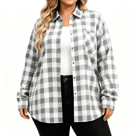 Womens Plus Size Plaid Shirts Button Down Casual Turndown Collar Long Sleeve Fall Fashion Shirts Blouse Gray L