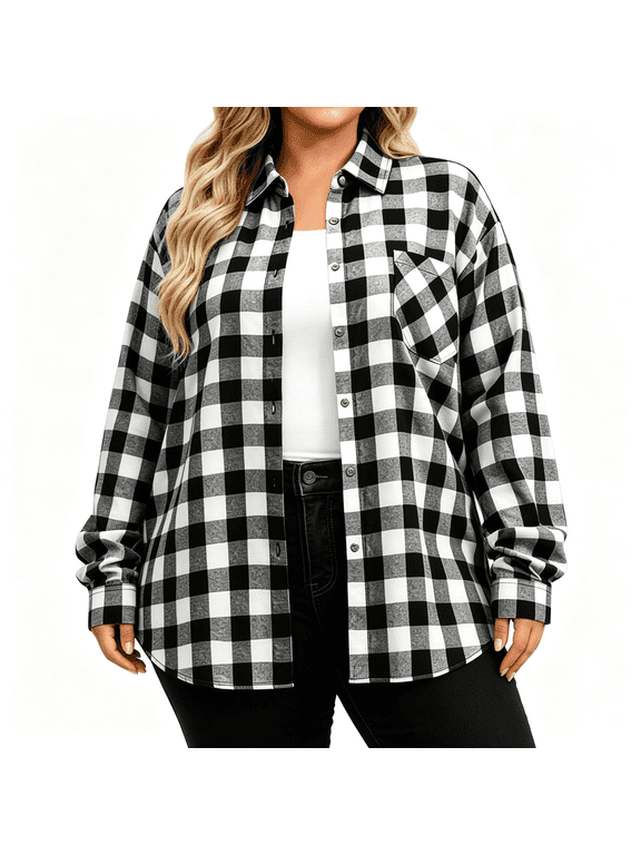 Womens Plus Size Plaid Shirts Button Down Long Sleeve Casual Turndown Collar Fall Fashion Shirts Blouse Black 5XL