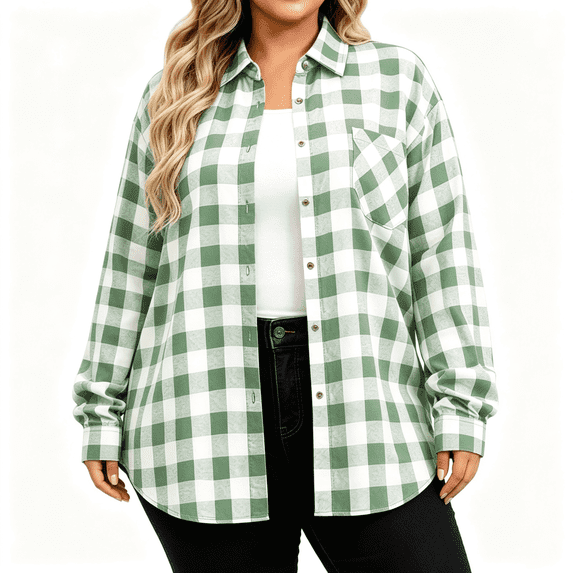 Womens Plus Size Plaid Shirts Button Down Long Sleeve Casual Turndown Collar Fall Fashion Shirts Blouse Green 5XL