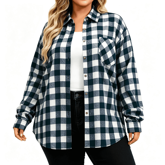 Womens Plus Size Plaid Shirts Casual Turndown Collar Long Sleeve Button Down Fall Fashion Shirts Blouse Navy XL