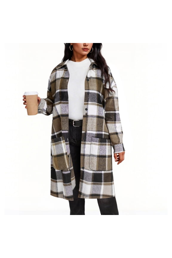 Womens Plus Size Plaid Shirts Oversized Flannel Jacket Lapel Button Long Coats Fall Trendy Outerwear with Pockets New Womens Jackets Casual Fall Coffee M