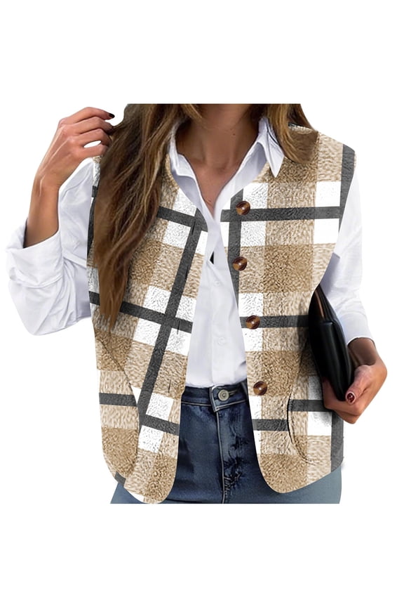 Womens Plus Size Plaid Vest Casual Double-Sided Daily Printed Loose Collarless Button Coat(Khaki L)