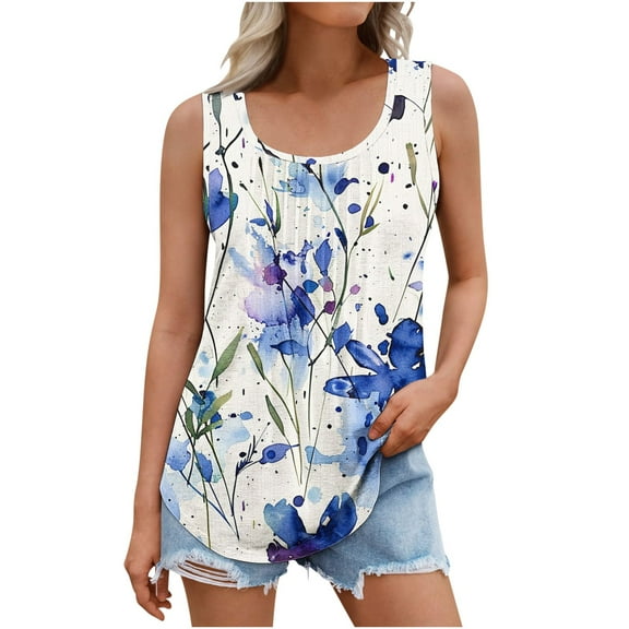Womens Plus Size Pleated Tank Trendy Floral Tops Sleeveless Pullover Tshirt Casual Basic Top Summer