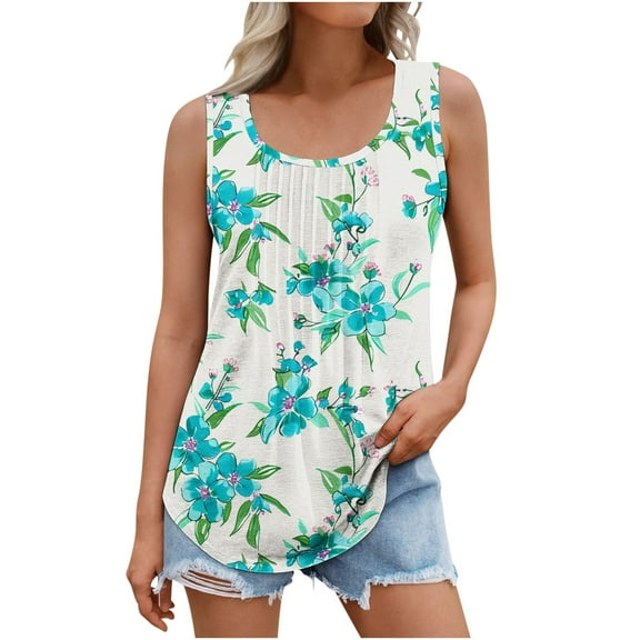 Womens Plus Size Pleated Tank Trendy Floral Tops Sleeveless Pullover Tshirt Casual Basic Top Summer