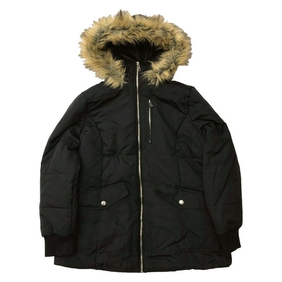 Womens Plus Size Plush Trimmed Black Winter Coat Zip Front Ski Jacket 3X