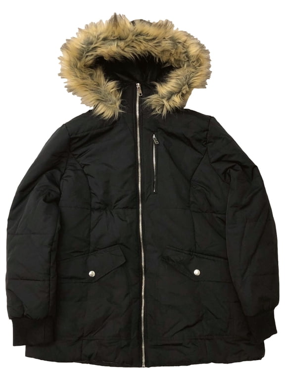 Womens Plus Size Plush Trimmed Black Winter Coat Zip Front Ski Jacket 3X