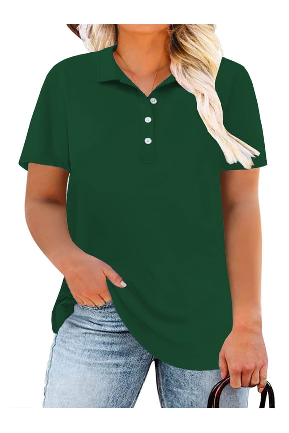 Womens Plus Size Polo Shirts Summer Casual Buttons Collared Tops Green 5XL