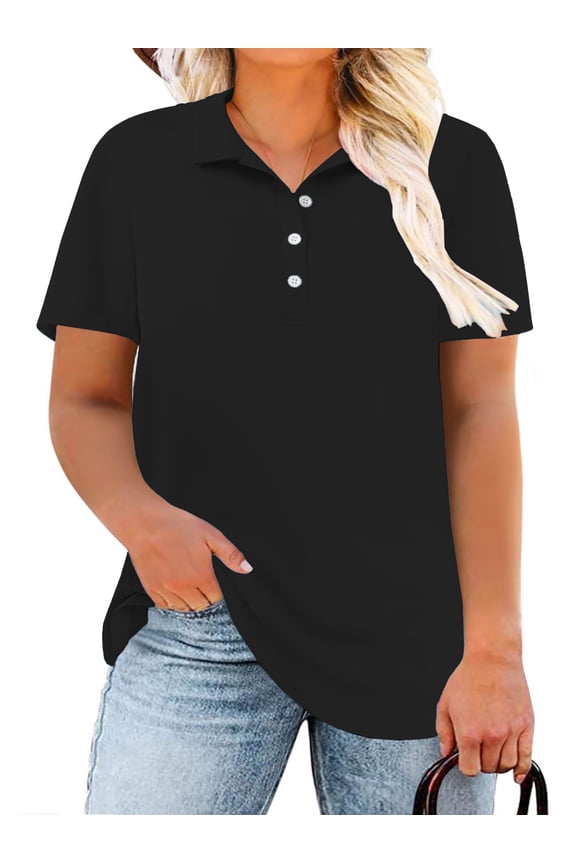 Womens Plus Size Polo Shirts Summer Buttons Casual Work Blouses Black 3XL