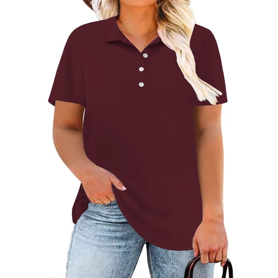 NISVIYA Womens Plus Size Polo Shirts Casual Office Buttons Business Blouses Wine Red 2XL